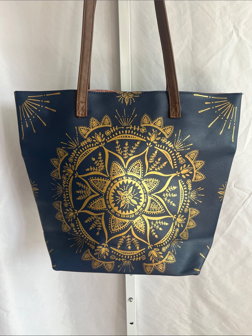 Papaya Navy Tote with Gold Mandala and Brown Straps Pink Satan Lined - Picture 10 of 16